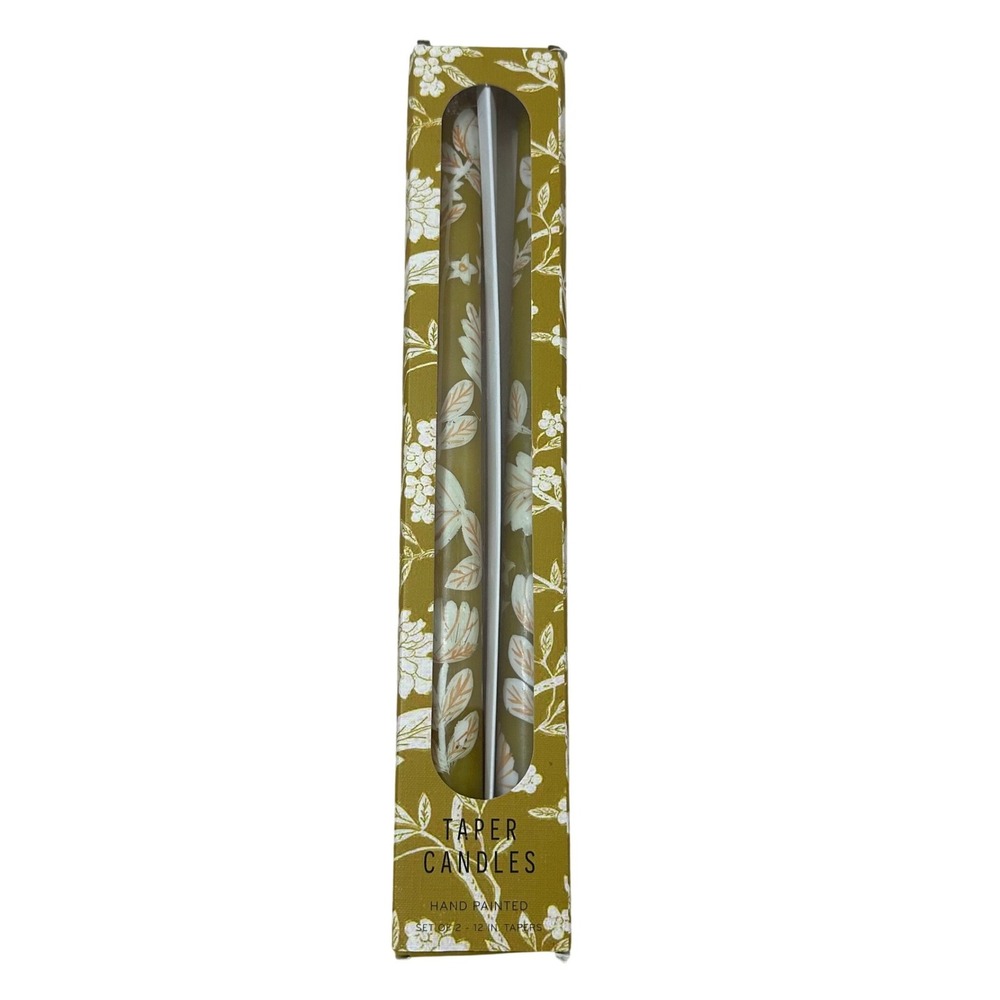 Anthropologie Hand Painted Floral Taper Candles Set of 2 Yellow 12 Inch NEW